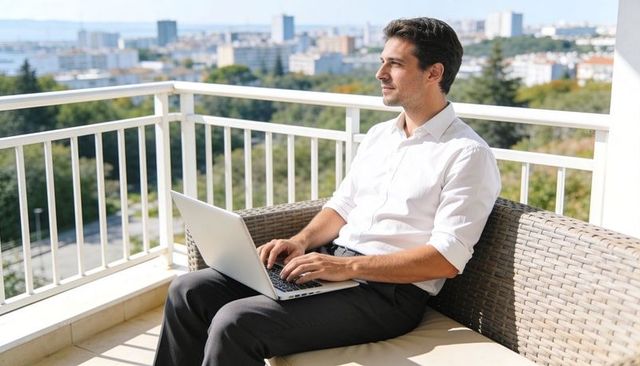 Businessman typing on laptop on balcony overlooking city skyline