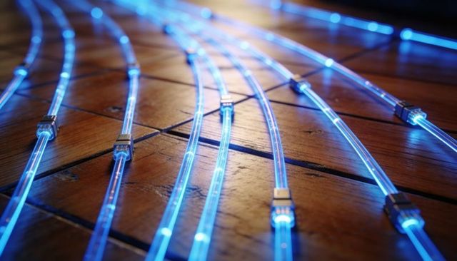 Glowing blue fiber-optic tubes curving across worn wood with metal clamps