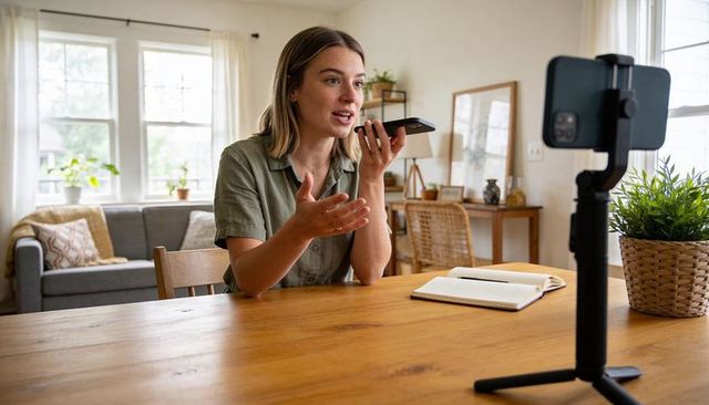 Woman recording voice message and speaking to smartphone on tripod in bright living room