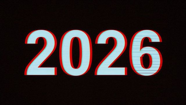2026 retro glitch numerals with crt scanlines, red cyan ghosting and minimal tech style