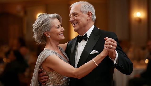 Elegant senior couple dancing at formal event