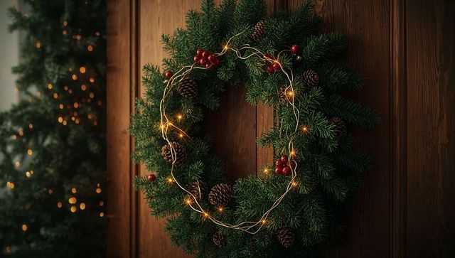 Cozy Festive Wreath with Pine Cones and Lights on Wood Wall