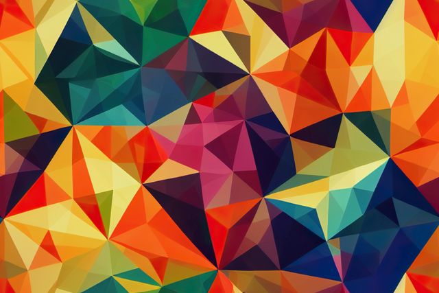 Bright and vibrant abstract pattern featuring polygons and triangles in various colors. Ideal as a digital background, for modern art prints, website design, or creative design projects. Its eye-catching and dynamic composition makes it suitable for branding, advertisements, and artistic creations.