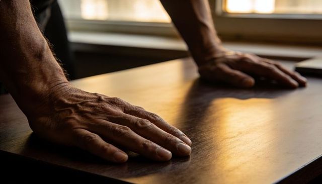 Pressing adult hands on sunlit wooden tabletop showing veins, texture and smartphone nearby