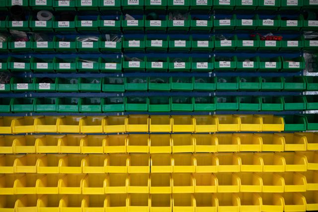 Full frame view of rows of green and yellow plastic organising compartments for small parts stacked together on the wall in the storage area of a factory warehouse