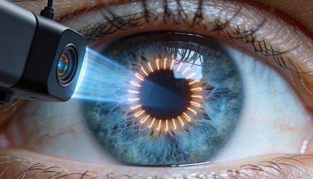 Close-up iris scanning with biometric camera projecting blue beam and glowing led ring