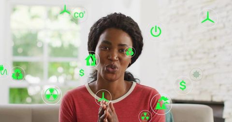 Woman Discusses Sustainability with Green Eco Icons