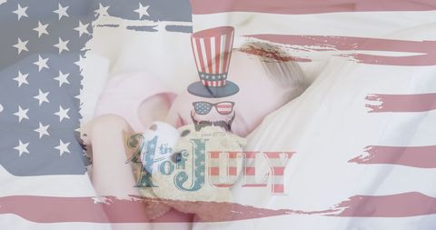 Child Sleeping Peacefully with Teddy Bear on Fourth of July