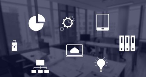 Abstract Technology Icons Over Modern Office Background