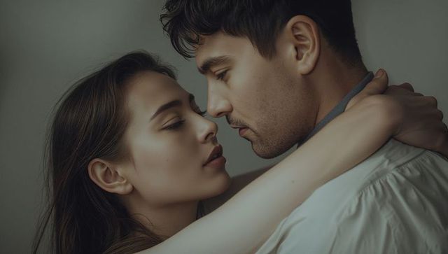 Embracing romantic couple leaning close for kiss intimate closeup portrait
