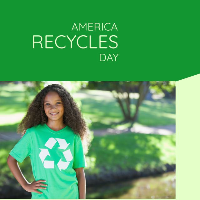 Composition of america recycles day text over african american girl with recycling symbol. America recycles day and celebration concept digitally generated image.