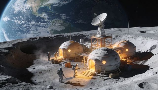 Moonbase Crew Working at Inflatable Dome Habitats with Satellite Dish and Earthrise View
