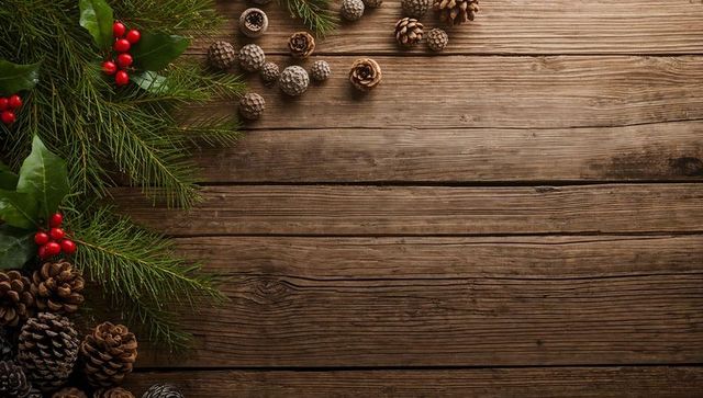 Rustic holiday arrangement with pine cones, holly berries and evergreen branches on wood
