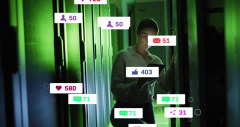 Female IT Technician Analyzing Data on Digital Tablet in Server Room