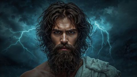 Mythic hero zeus under stormy skies clip art illustration