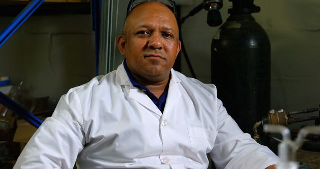 Scientist wearing a white lab coat sitting in laboratory. Ideal for use in science articles, research posters, educational materials, and healthcare promotions. Image can depict themes like professionalism, scientific research, and expertise.