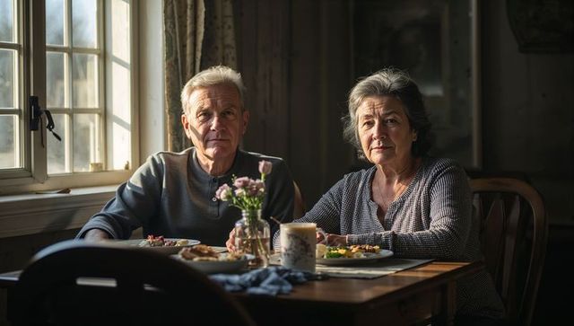 Senior couple sitting at cozy sunlit dining table looking at camera, warm morning home