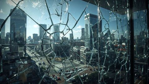 Shattered office window revealing modern cityscape skyline