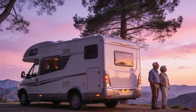 Senior couple enjoying mountain sunset next to parked motorhome overlook