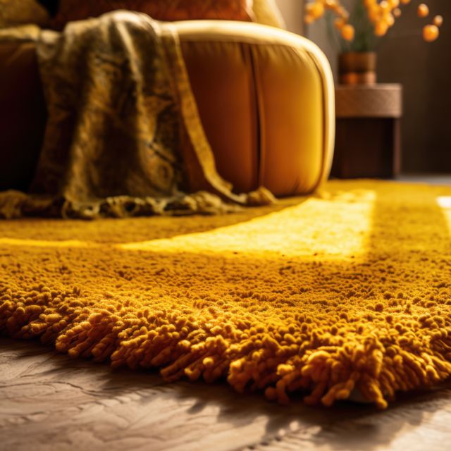 Bright and cozy living room with a vibrant yellow shag rug, large luxurious sofa, and soft, warm lighting. Ideal for showcasing home decor ideas, featuring modern and inviting interiors, or promoting cozy living spaces.