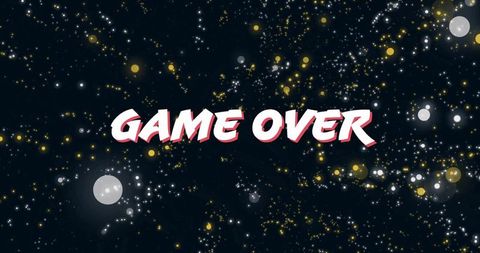 Retro game over neon text floating in cosmic starfield with pink shadow and gold bokeh