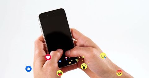 Hands Holding Smartphone Surrounded by Dynamic Reaction Icons