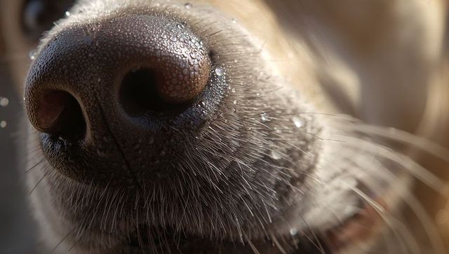 Macro canine nose with dew droplets and whisker detail for pet care and sensory themes