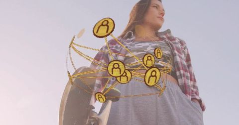 Female skater with futuristic digital connections in urban setting