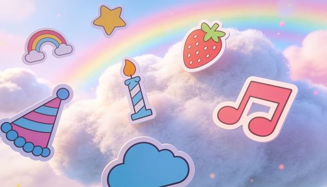 Whimsical pastel cloud floating sticker icons rainbow strawberry music party