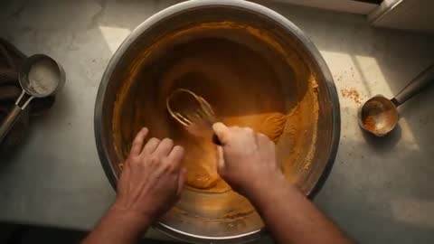 Overhead Whisking Orange Batter in Stainless Bowl on Sunlit Counter, Slow Motion