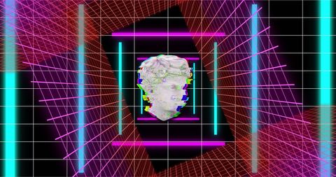Glitch Art Head Sculpture with Neon Geometric Patterns