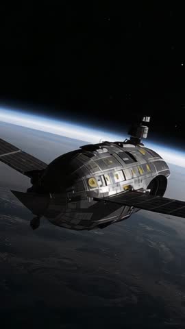 Shifting View Revealing Sensor Turret on Orbital Spacecraft with Solar Arrays