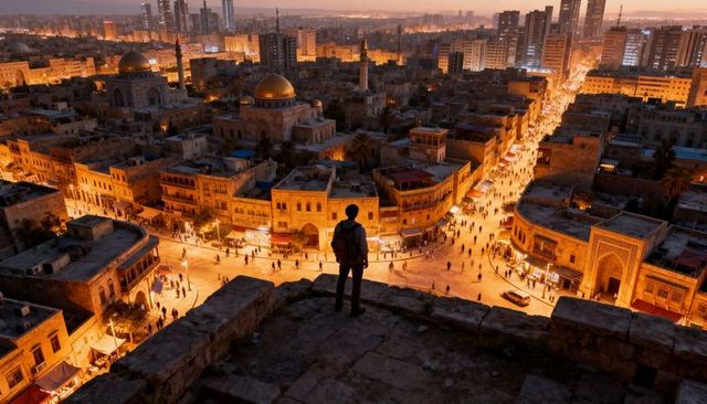 Silhouette backpacker standing on rooftop ledge overlooking historic city at dusk