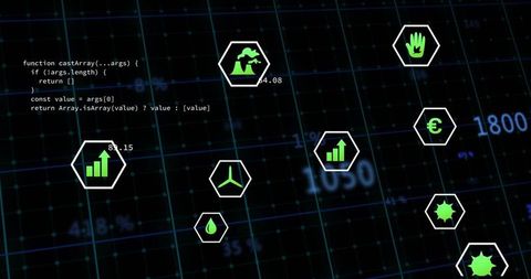 Neon fintech dashboard with hexagonal analytics icons and code overlay on glowing grid