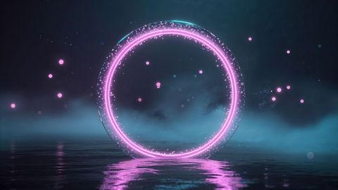 Futuristic Neon Ring Floating on Misty Water against Night Sky