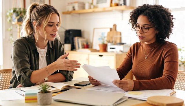 Female colleagues collaborating over documents at bright home office table, reviewing papers