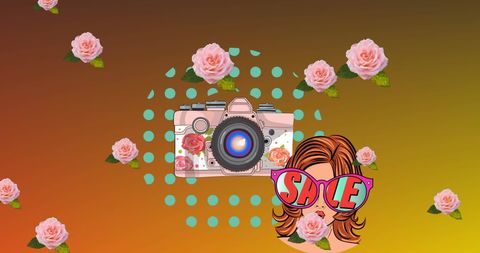 Retro Camera and Fashion Elements with Roses on Colorful Background