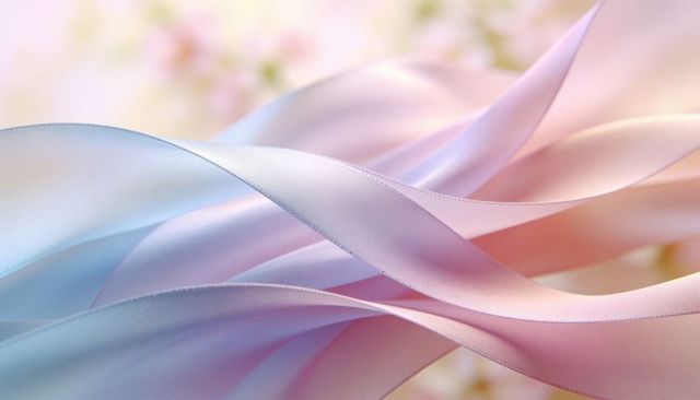 Intertwining pastel satin ribbons featuring delicate floral bokeh and soft sheen