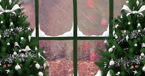 Festive christmas window with decorated tree and icy landscape