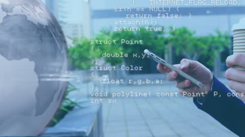Hands Using Smartphone with Code Overlay and Globe Visualization