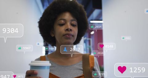 Businesswoman Enjoying Coffee Analyzing Social Media Activity