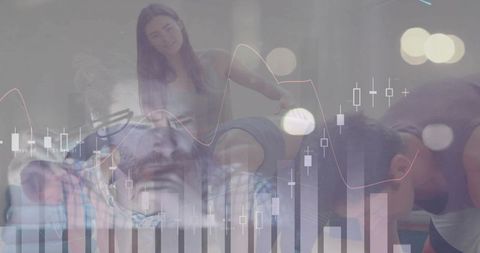 Fitness training data montage showing adults exercising, resting and candlestick charts