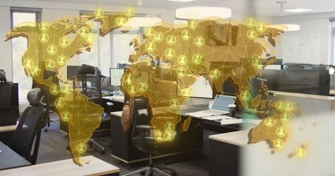 Global Business Networks Overlay Office Interior - Download Free Stock Images Pikwizard.com