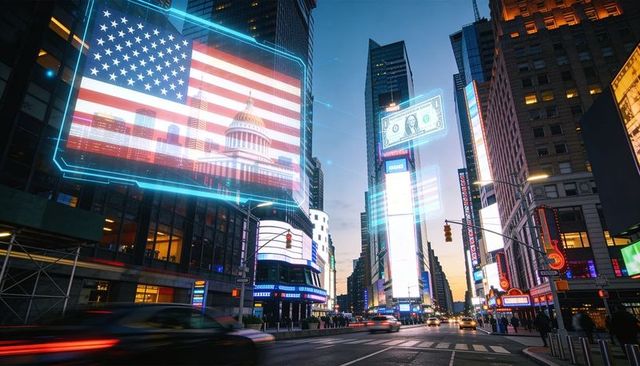 Holographic billboards featuring american flag and floating dollar in neon city twilight
