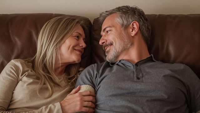 Mature couple sharing intimate gaze on leather couch, cozy at-home romance
