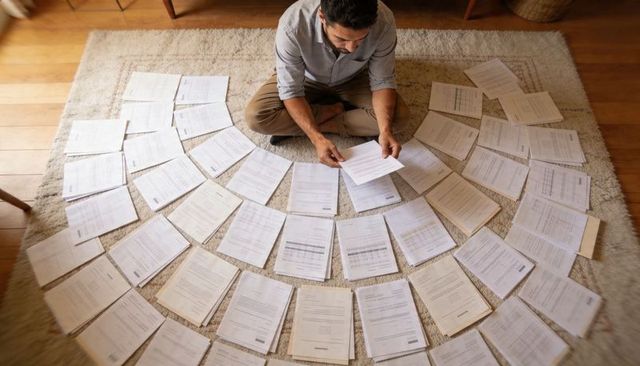 Man sorting paperwork on rug while reviewing invoices and organizing home office documents