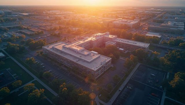 Aerial view of suburban business campus at sunrise