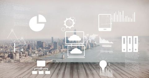 Futuristic digital interfaces overlooking urban cityscape