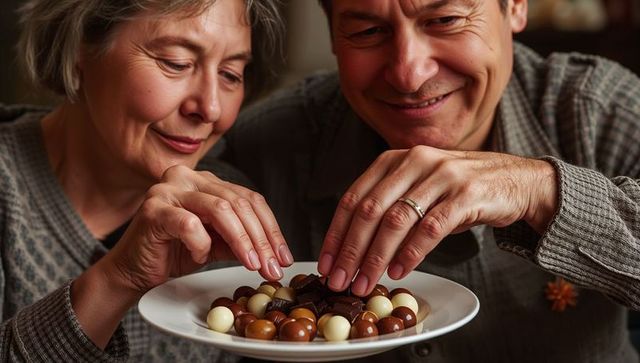 Senior couple sharing chocolates at cozy table, closeup of hands and wedding ring, warm mood