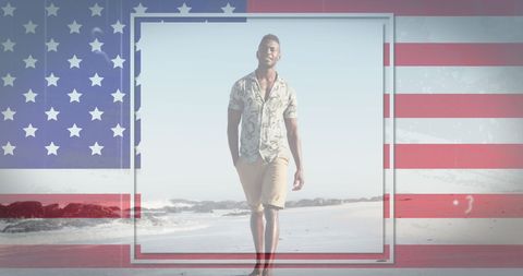 Relaxed African American Man Enjoying Beach Walk with Patriotic Spirit